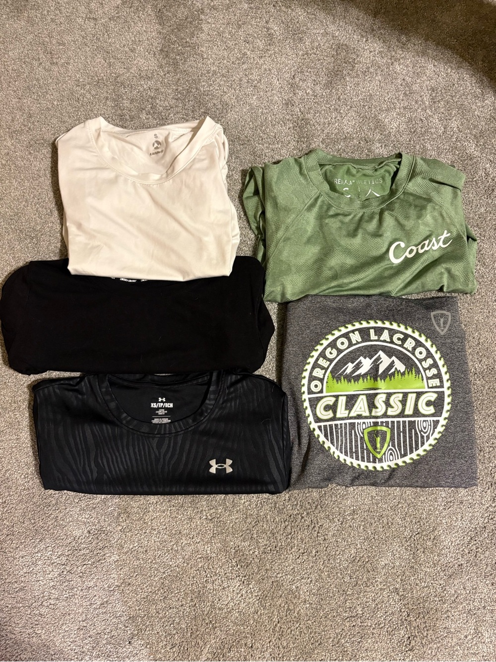 5 Womens Athletic Tops Bundle Under Armour DKNY Sage Green White Workout Shirts